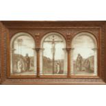 A FINE CARVED WALNUT TRIPTYCH PICTURE FRAME
