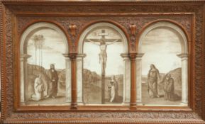 A FINE CARVED WALNUT TRIPTYCH PICTURE FRAME