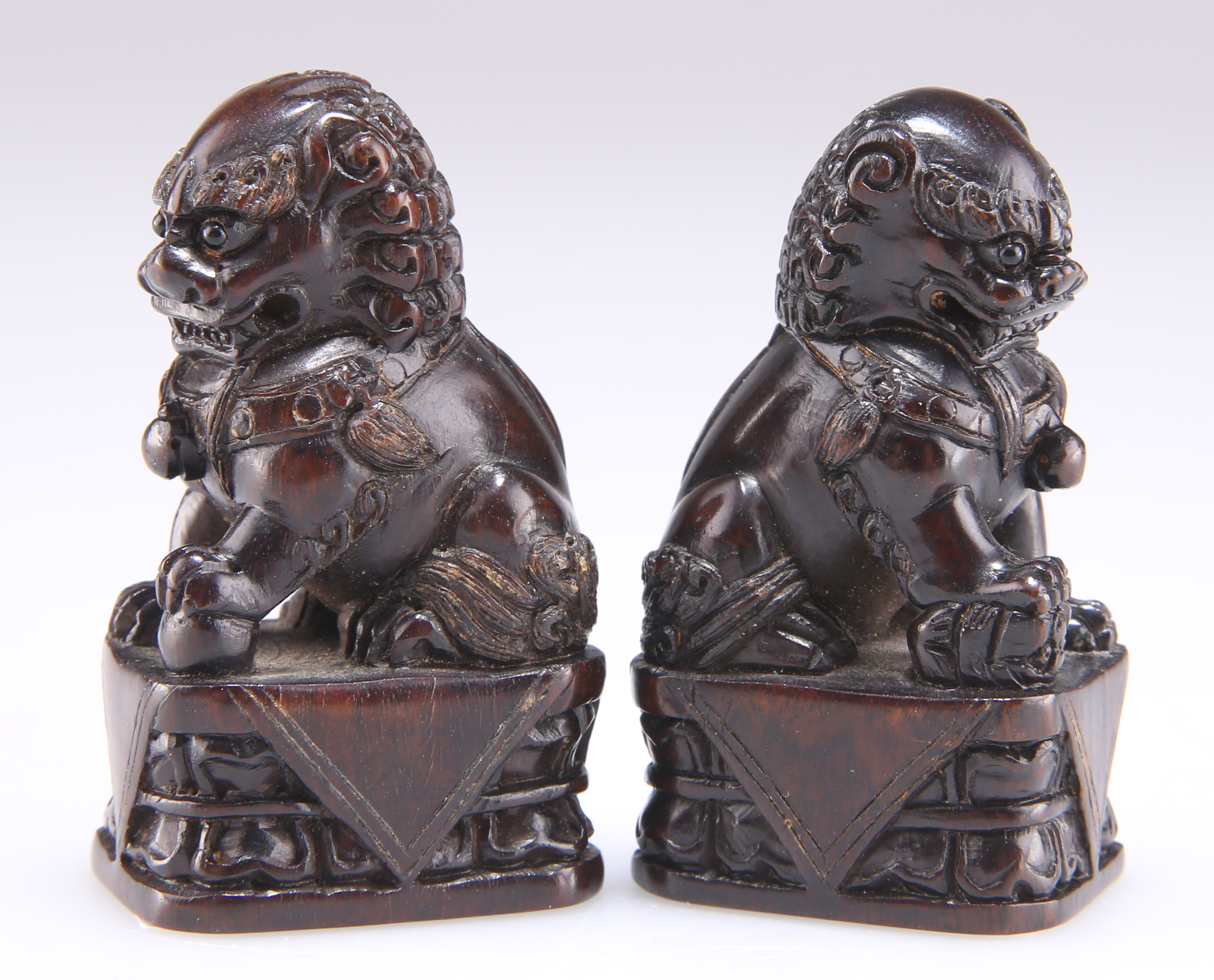 A PAIR OF CHINESE CARVED HARDWOOD MODELS OF TEMPLE DOGS