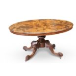 A VICTORIAN BURR WALNUT OVAL LOO TABLE