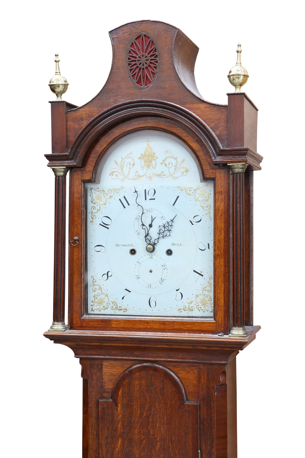 AN EARLY 19TH CENTURY OAK AND MAHOGANY CROSS BANDED EIGHT-DAY LONGCASE CLOCK, SIGNED HUSBAND, HULL - Bild 2 aus 2