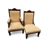 A PAIR OF LATE VICTORIAN BEECH AND UPHOLSTERED DRAWING ROOM CHAIRS