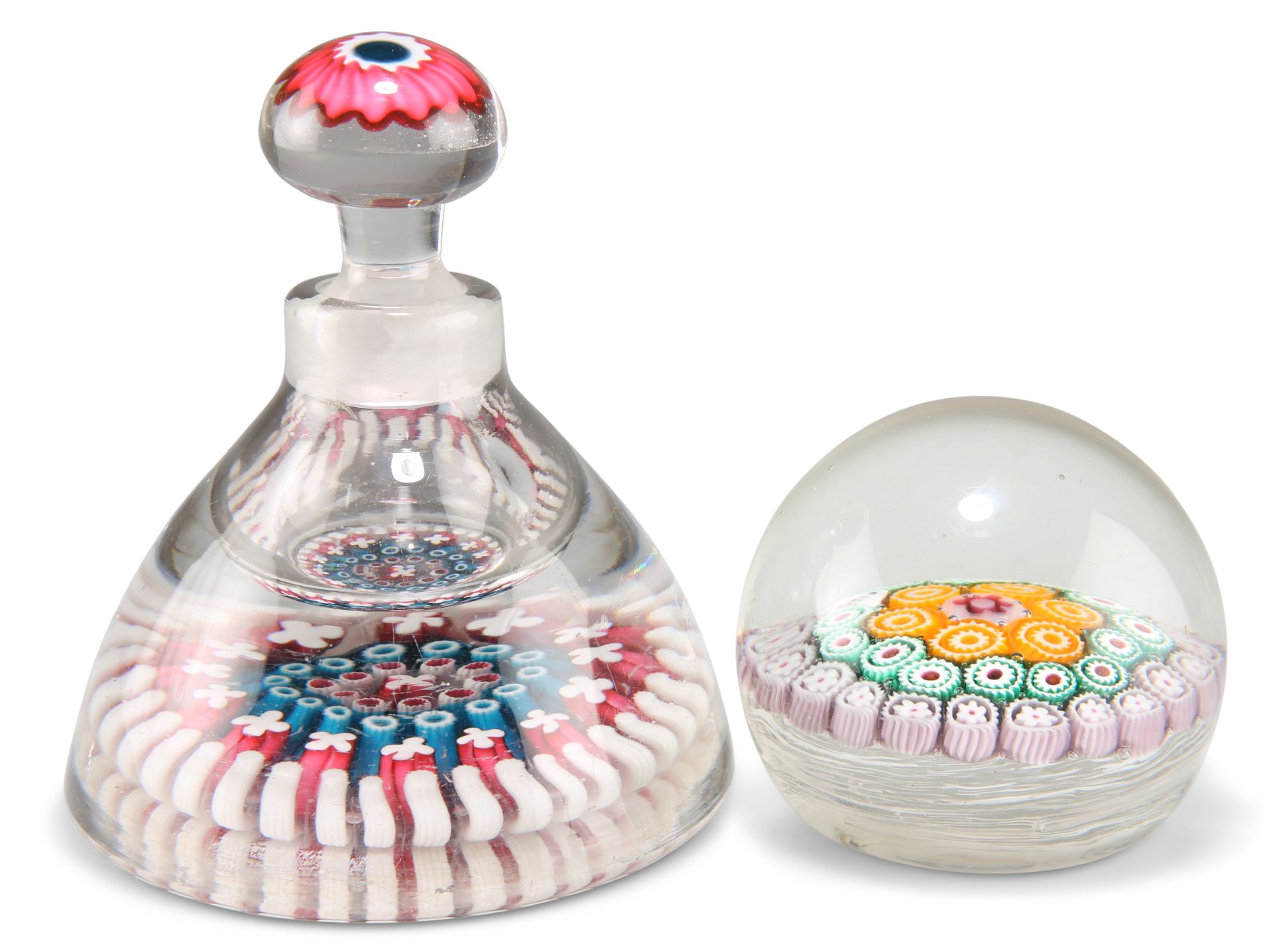 A 19TH CENTURY ENGLISH STYLE MILLEFIORI INK WELL AND A MILLEFIORI PAPERWEIGHT