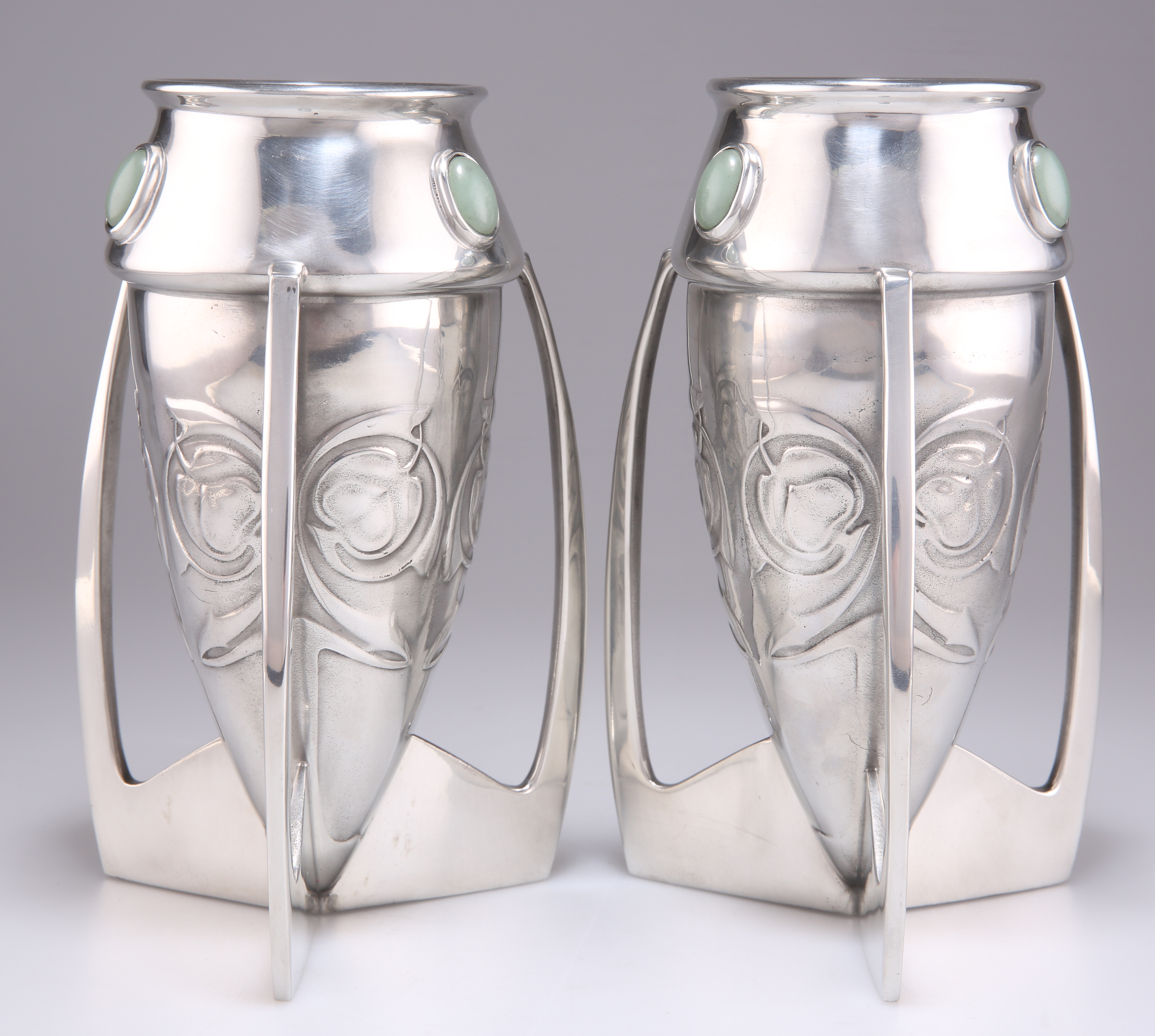 ARCHIBALD KNOX (1864-1933) FOR LIBERTY & CO, A RARE PAIR OF TUDRIC PEWTER BOMB VASES, NO.0226 - Image 2 of 2