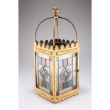 A LATE VICTORIAN BRASS, LEADED AND STAINED GLASS LANTERN