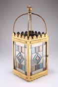 A LATE VICTORIAN BRASS, LEADED AND STAINED GLASS LANTERN