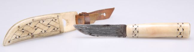 A MINIATURE BONE-HANDLED KNIFE AND SHEATH, 19TH CENTURY
