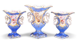 A GARNITURE OF THREE 19TH CENTURY ENGLISH PORCELAIN TWO HANDLED VASES