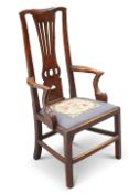 AN 18TH CENTURY WALNUT AND ELM HIGH-BACK OPEN-ARMCHAIR