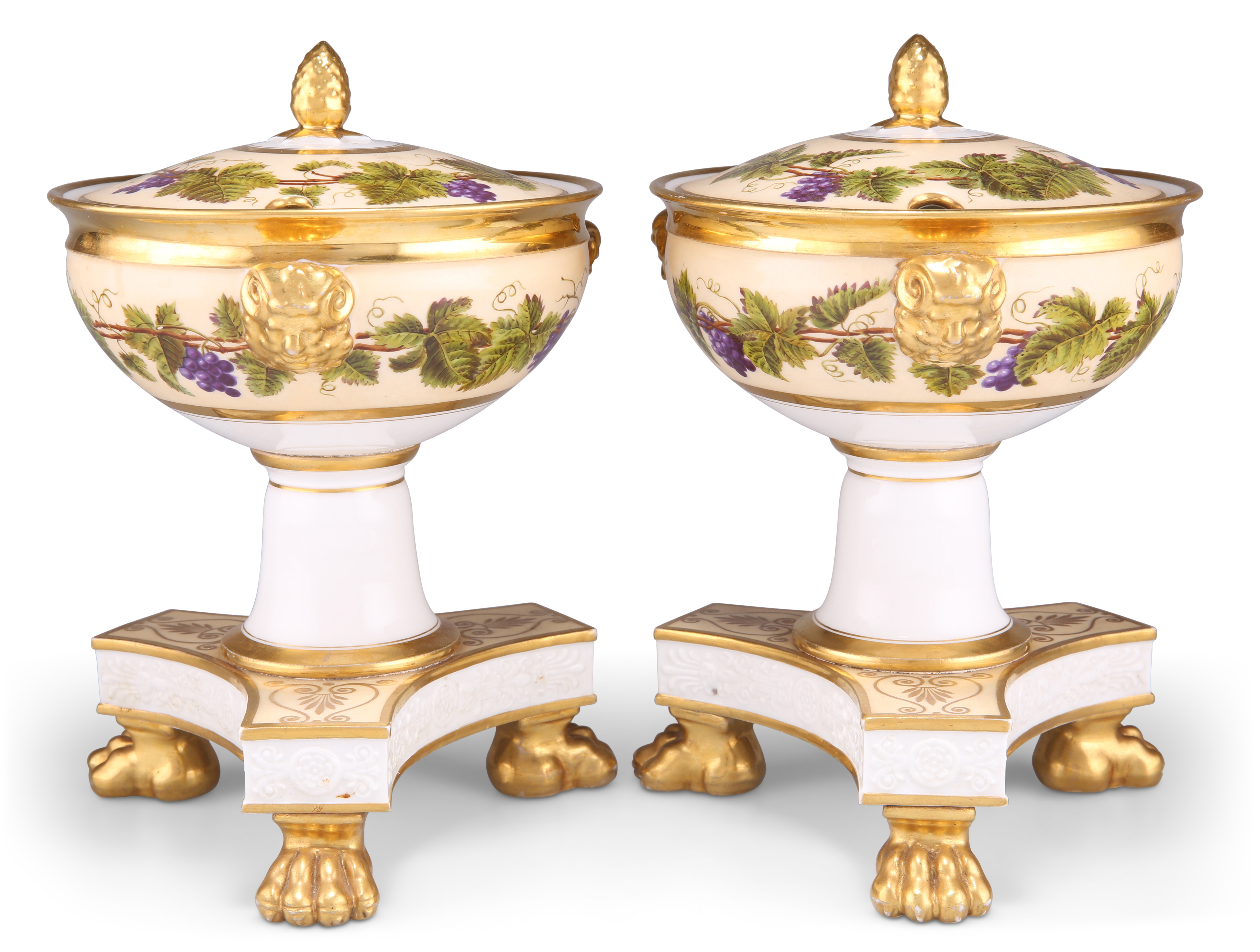 A PAIR OF EARLY 19TH CENTURY PORCELAIN PEDESTAL TUREENS, POSSIBLY SWANSEA CHINA WORKS