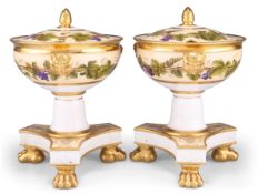 A PAIR OF EARLY 19TH CENTURY PORCELAIN PEDESTAL TUREENS, POSSIBLY SWANSEA CHINA WORKS