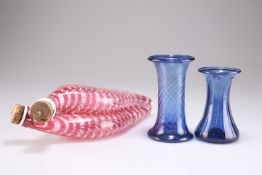 A 19TH CENTURY NAILSEA GLASS DOUBLE GIMMEL FLASK AND TWO GEORGIAN GLASS VASES