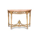 A 19TH CENTURY FRENCH MARBLE-TOPPED GILTWOOD CONSOLE TABLE, LABEL OF BEDEL & SIE