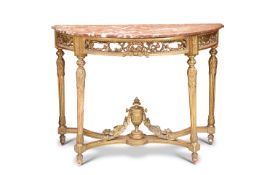 A 19TH CENTURY FRENCH MARBLE-TOPPED GILTWOOD CONSOLE TABLE, LABEL OF BEDEL & SIE