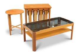A MYER TEAK AND SMOKED GLASS COFFEE TABLE, AND A NEST OF FOUR TABLES