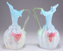 A PAIR OF VICTORIAN VASELINE AND URANIUM GLASS 'JACK IN THE PULPIT' JUGS