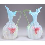 A PAIR OF VICTORIAN VASELINE AND URANIUM GLASS 'JACK IN THE PULPIT' JUGS