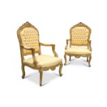 A HANDSOME PAIR OF LOUIS XV STYLE GILDED AND UPHOLSTERED FAUTEUILS