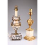 A LATE 19TH CENTURY GILT-METAL MOUNTED MARBLE TABLE LAMP, AND A GILT AND ONYX TABLE LAMP