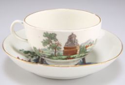 A WORCESTER PORCELAIN 'EUROPEAN RUINS' TEACUP AND SAUCER, CIRCA 1765