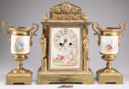 A GILT METAL AND PORCELAIN CLOCK GARNITURE, CIRCA 1890