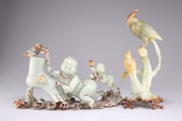 A CHINESE LARGE JADE CARVING, AND A JADE CARVING OF BIRDS