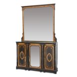 A VICTORIAN BURR WALNUT AND EBONISED CREDENZA, AND SIMILAR MIRROR