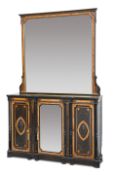 A VICTORIAN BURR WALNUT AND EBONISED CREDENZA, AND SIMILAR MIRROR