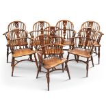 A GOOD SET OF EIGHT PERIOD STYLE YEW AND OAK WINDSOR CHAIRS