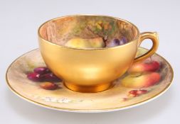 A ROYAL WORCESTER FRUIT-PAINTED MINIATURE CUP AND SAUCER