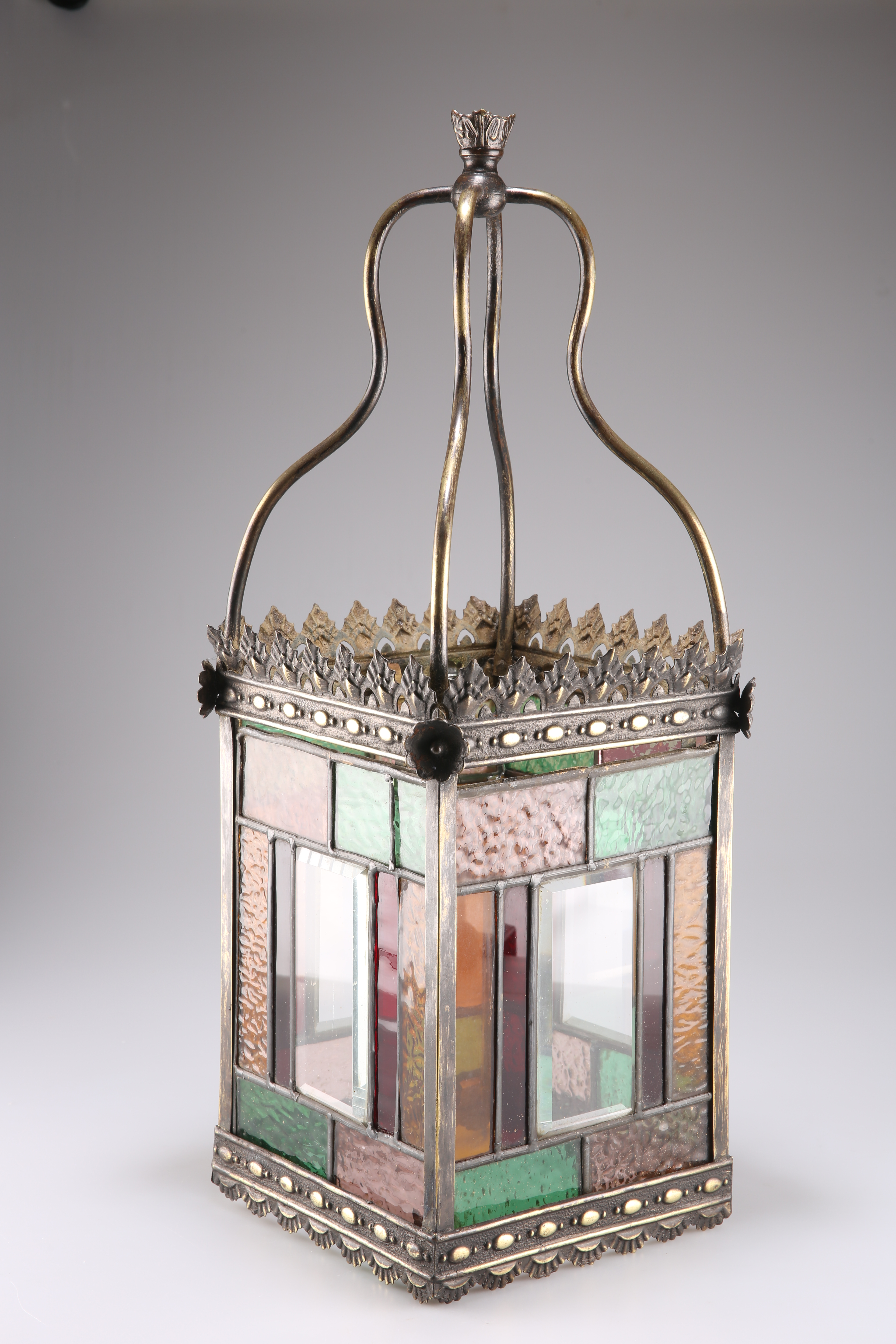 A VICTORIAN BRASS, LEADED AND STAINED GLASS LANTERN