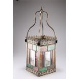 A VICTORIAN BRASS, LEADED AND STAINED GLASS LANTERN