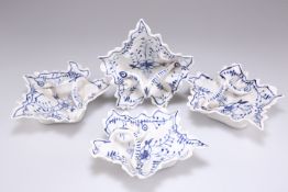 A SET OF FOUR GERMAN BLUE AND WHITE PORCELAIN LEAF SHAPED PICKLE DISHES