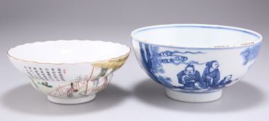 A CHINESE FAMILLE ROSE BOWL AND A CHINESE BLUE AND WHITE BOWL