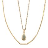 AN OPAL PENDANT ON A 9 CARAT GOLD CHAIN, AND A 9 CARAT GOLD LONG BAR LINK CHAIN NECKLACE