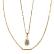 AN OPAL PENDANT ON A 9 CARAT GOLD CHAIN, AND A 9 CARAT GOLD LONG BAR LINK CHAIN NECKLACE
