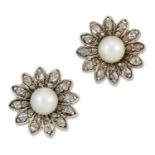 A PAIR OF CULTURED PEARL AND DIAMOND FLORAL CLUSTER EARRINGS