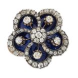 A LATE 19TH CENTURY DIAMOND AND BLUE GUILLOCHE ENAMEL CLUSTER BROOCH