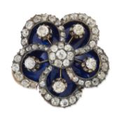 A LATE 19TH CENTURY DIAMOND AND BLUE GUILLOCHE ENAMEL CLUSTER BROOCH