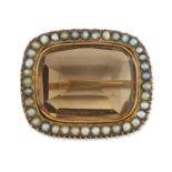 A SMOKY QUARTZ AND SEED PEARL BROOCH