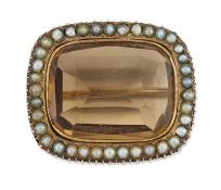 A SMOKY QUARTZ AND SEED PEARL BROOCH