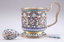 A RUSSIAN SILVER-GILT AND ENAMEL MUG AND SPOON