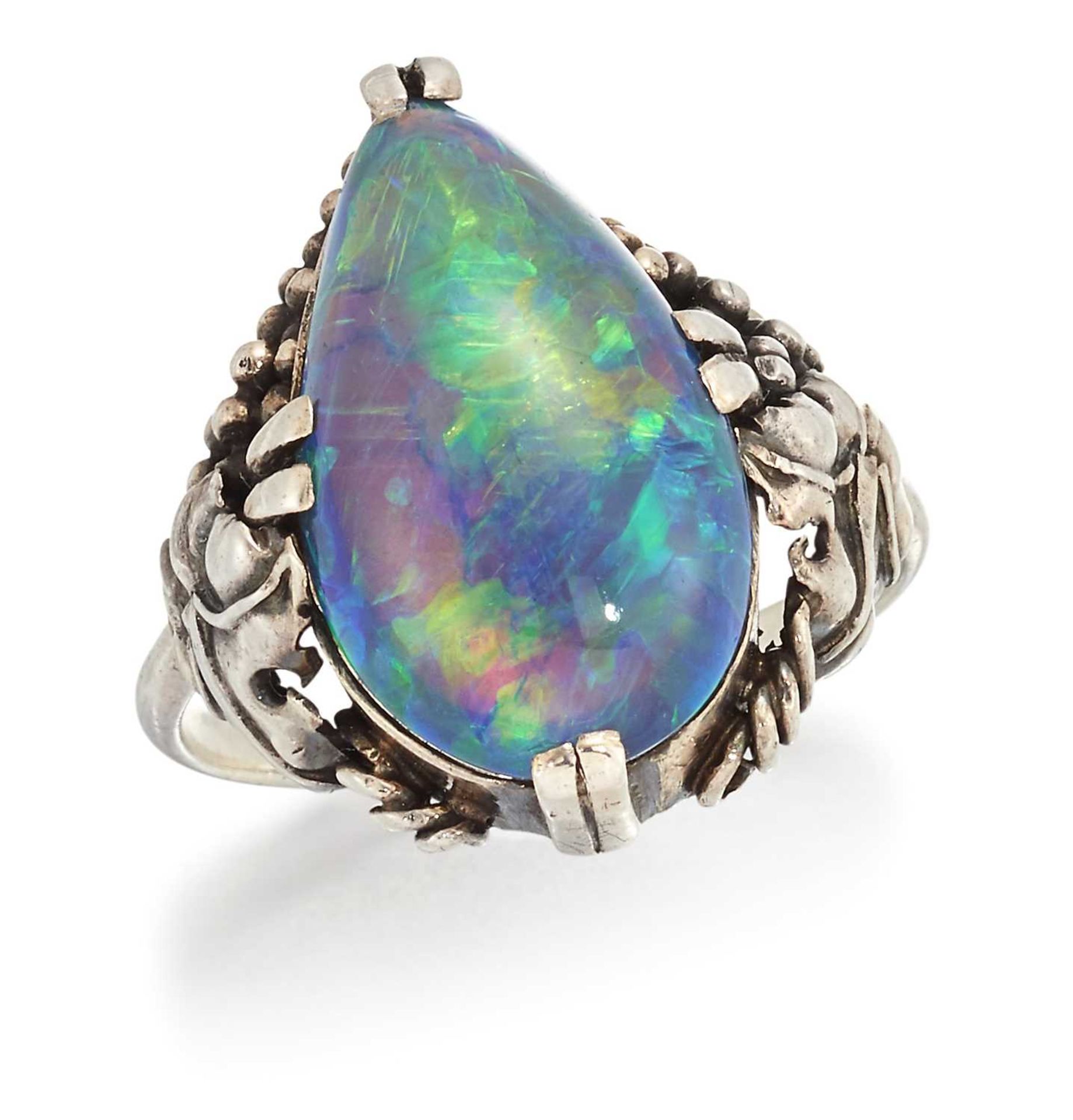 AN ARTS AND CRAFTS BLACK OPAL RING