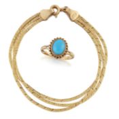 A TRIPLE TEXTURED HERRINGBONE CHAIN BRACELET, AND A 9 CARAT GOLD TURQUOISE RING