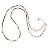 AN EMERALD, RUBY AND CULTURED PEARL NECKLACE