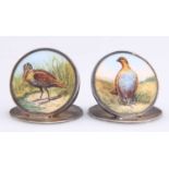 A PAIR OF ENAMEL GAME BIRD MENU HOLDERS