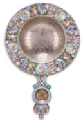 A RUSSIAN SILVER AND ENAMEL TEA STRAINER