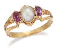A MID 19TH CENTURY PEARL AND RUBY THREE STONE RING