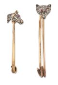 TWO LATE 19TH CENTURY DIAMOND AND RUBY NOVELTY HUNTING FOX AND HORSE HEAD BAR BROOCHES