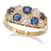 A VICTORIAN 18 CARAT GOLD SAPPHIRE AND DIAMOND RING